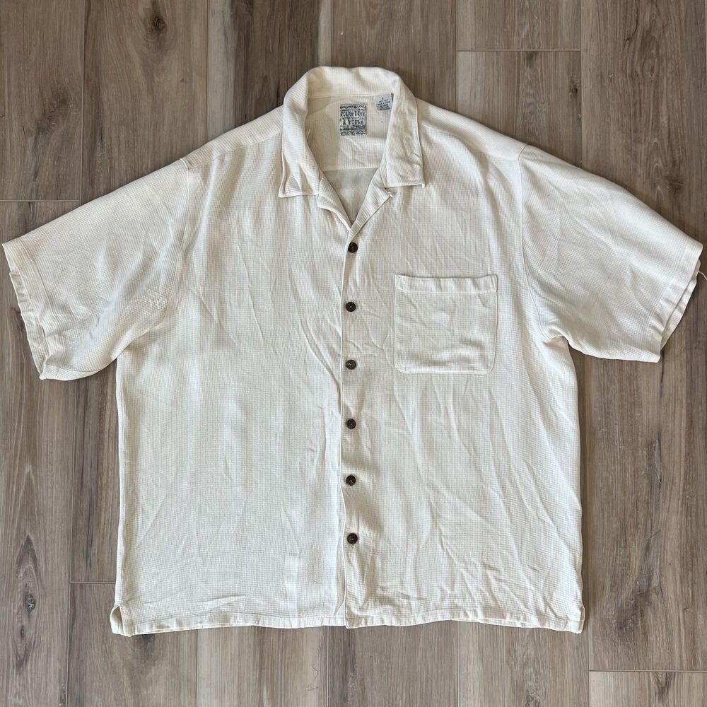 Mens Cream Casual Button Down Front Hawaiian Silk Shirt Roundtree & Yorke sz lg